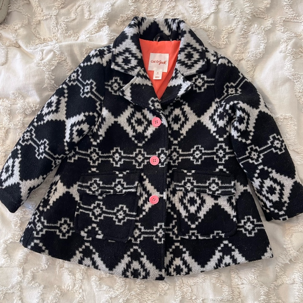 Cat & Jack Geometric Black and White Pea Coat with Pink Accents